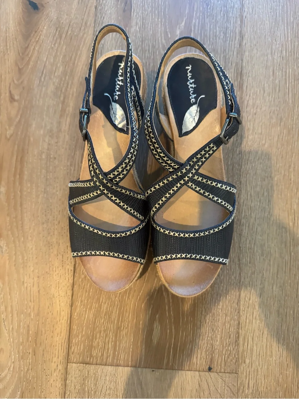 Nurture Lilithe Black Leather Cross-Stitch Wedge Sandals - Size 9